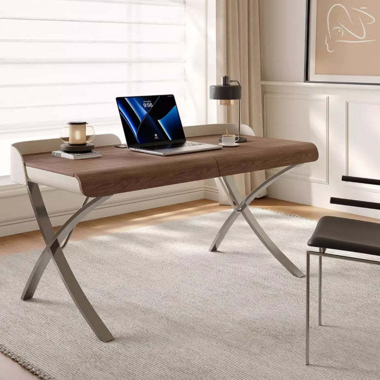 Transitional Saddle Leather Wood X-Leg Rectangular Desk