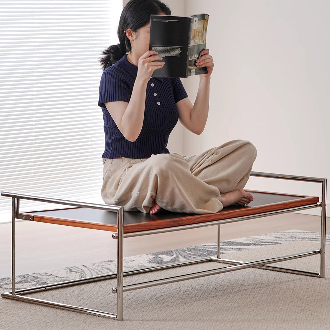 Retro Ash Wood Stainless Steel Reversible Coffee Table