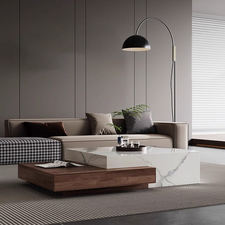 Minimalist Slate Wood Coffee Table 2-Drawer — Stone Texture