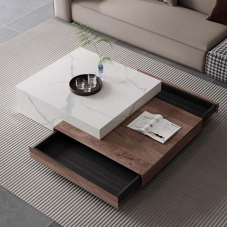 Minimalist Slate Wood Coffee Table 2-Drawer — Black Crystal