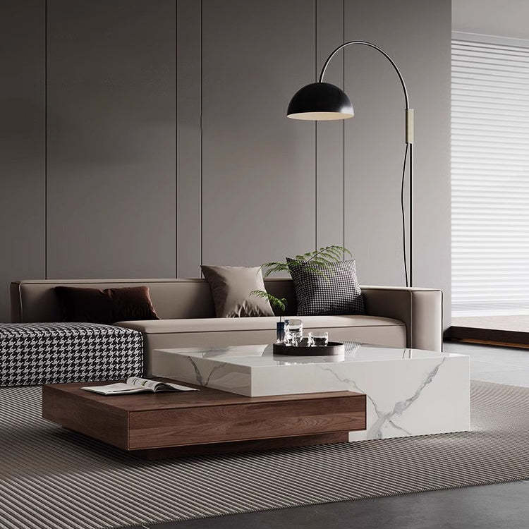 Minimalist Slate Wood Coffee Table 2-Drawer — Stone Texture