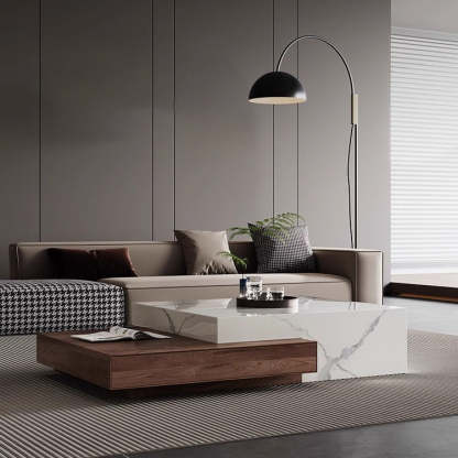 Minimalist Slate Wood Coffee Table 2-Drawer — Stone Texture