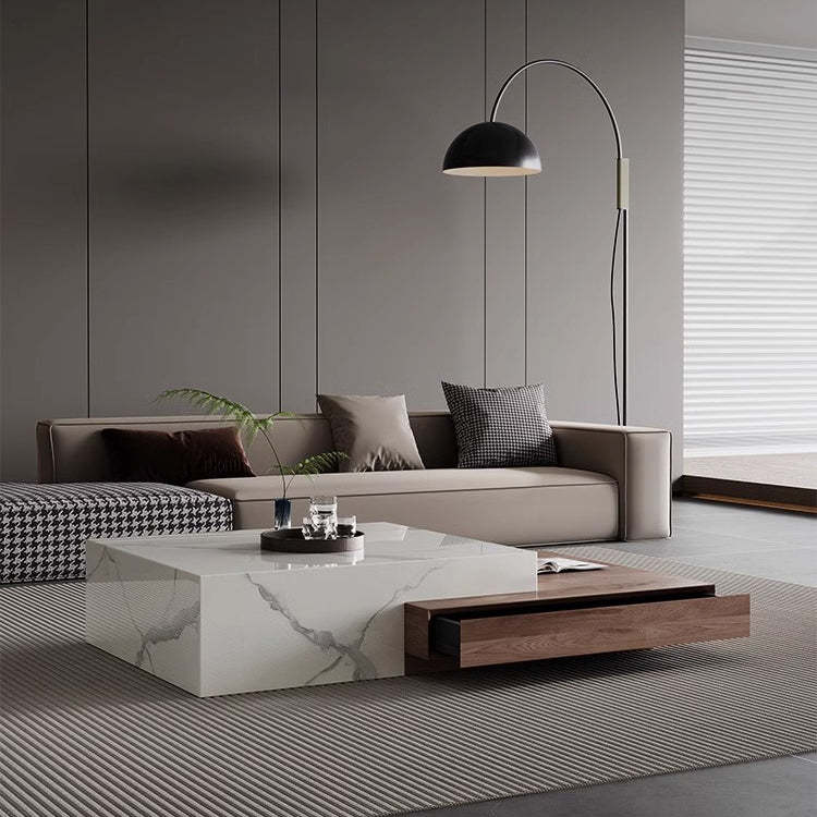 Minimalist Slate Wood Coffee Table 2-Drawer — Snow Mountain Stone