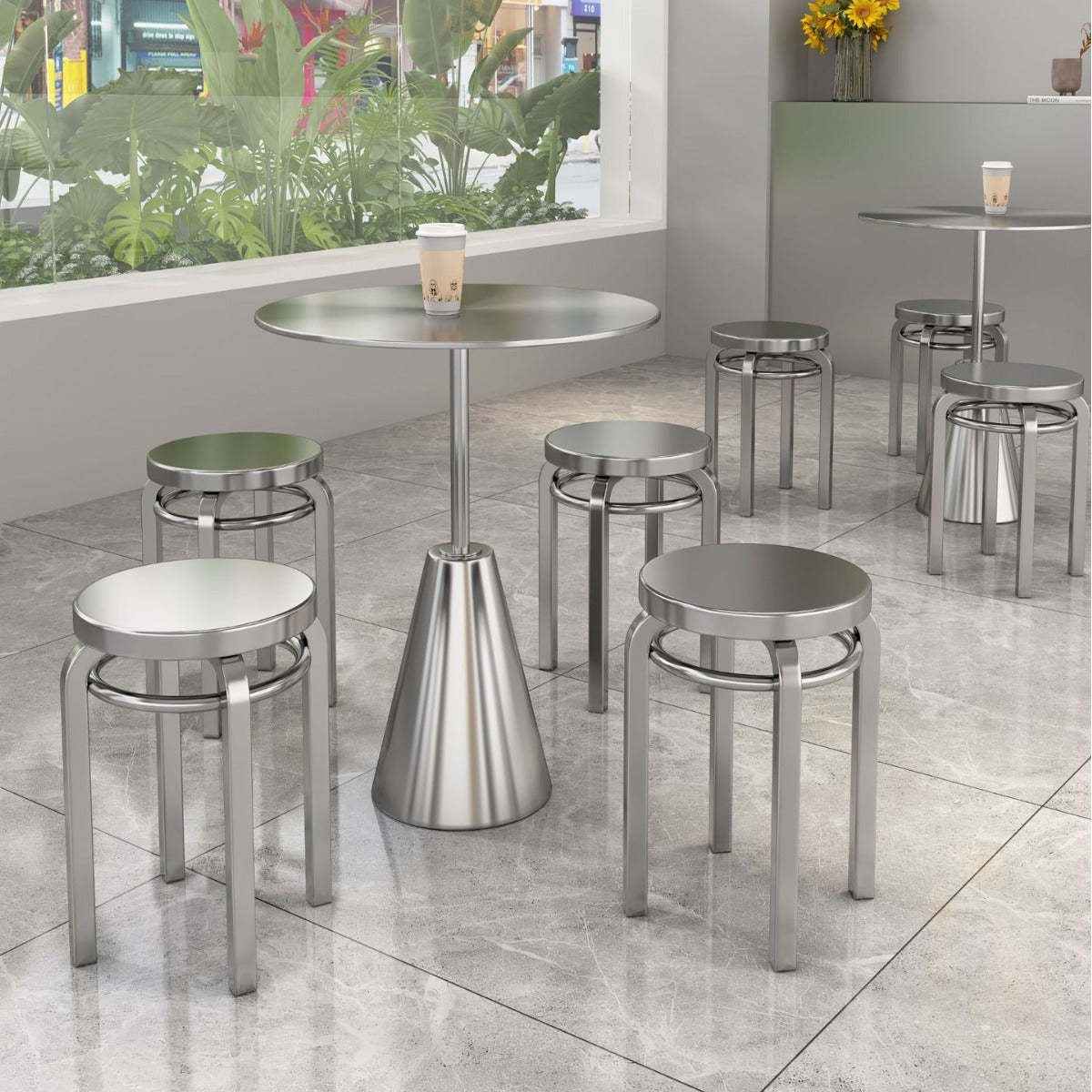 Contemporary umbrella round chrome coffee tables — 29.53" H x 19.69" Dia
