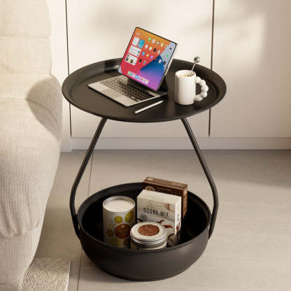 Nordic Iron Steel Round 2-Tier Side Table — Orange Plate + Orange Base