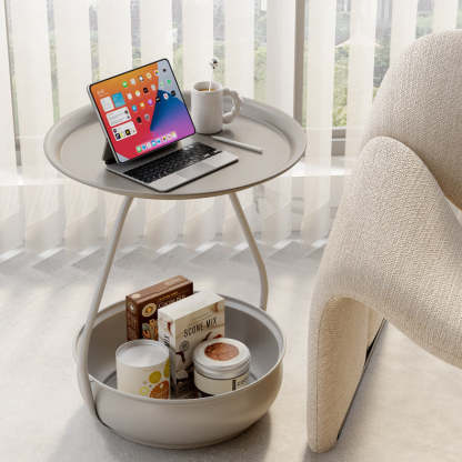 Nordic Iron Steel Round 2-Tier Side Table — Blue Plate + Blue Base