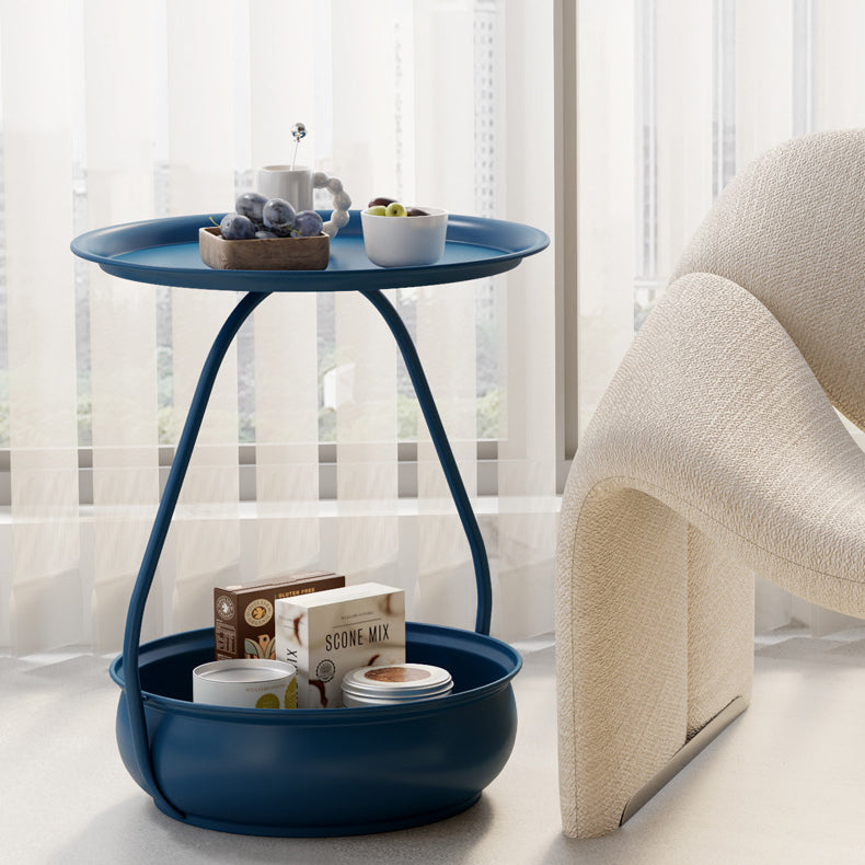 Nordic Iron Steel Round 2-Tier Side Table — Orange Plate + Blue Base