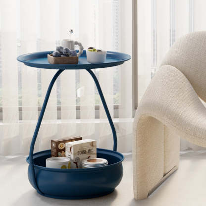 Nordic Iron Steel Round 2-Tier Side Table — Orange Plate + Blue Base