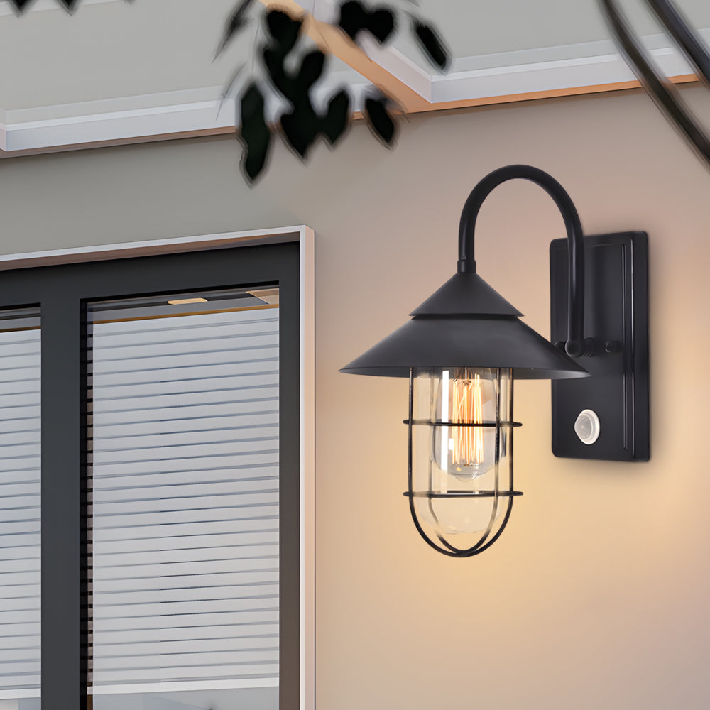 Retro Round Iron Glass Waterproof Motion Sensor Black Outdoor Wall Lights-Lighom
