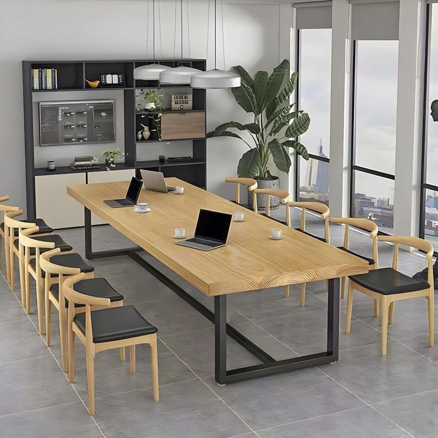 Brown Pine Wood Black Sled Conference Table for 10 — Table Only