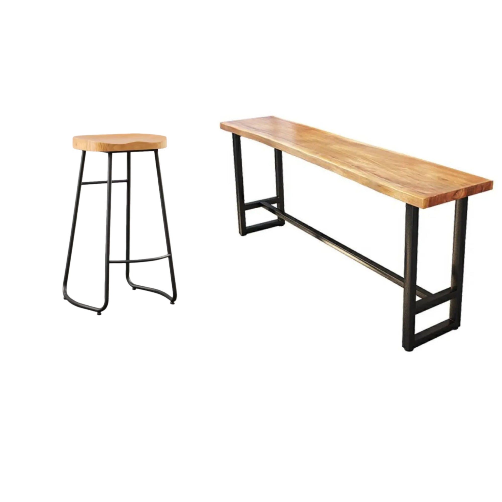 Industrial Brown Long Wood-Iron Bar Table Set — 1 Table & 8 Stools