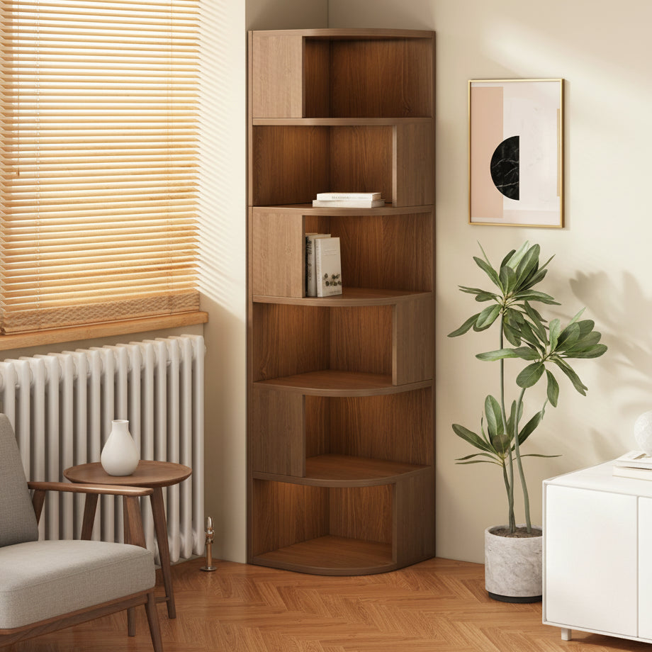 Rubberwood L-Shape Tall Corner Bookcase — Walnut