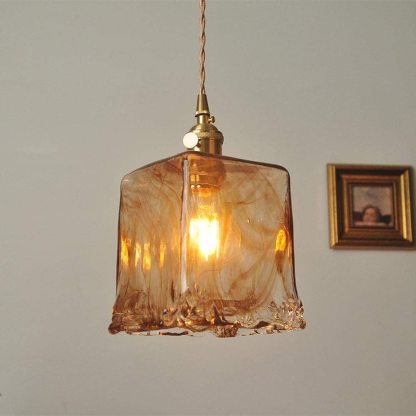 Retro Brass Geometric Amber Glass Pendant Light