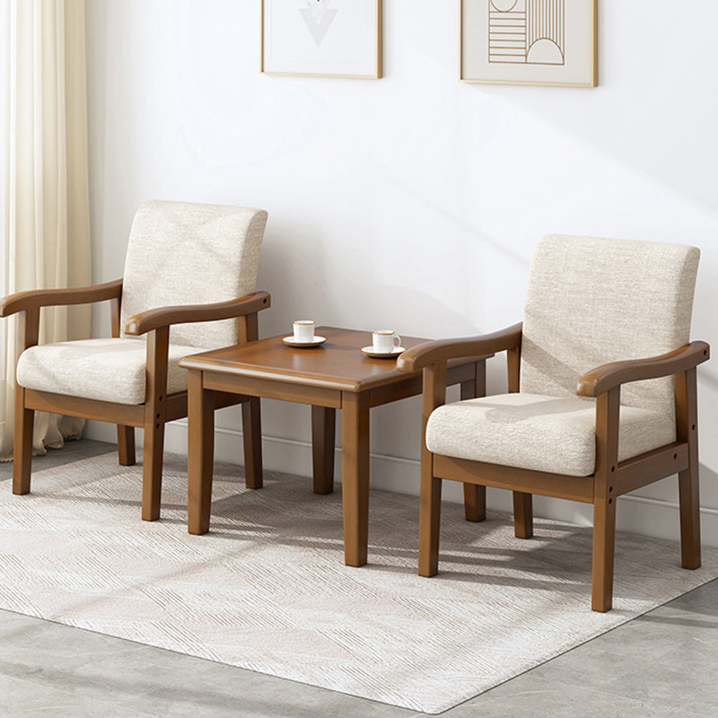 Minimalist Fabric Rubberwood Rounded Accent Chair — Khaki / Walnut Color