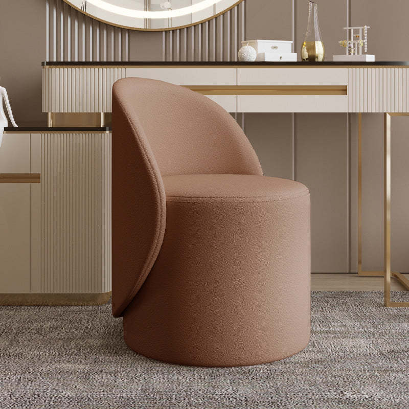Nordic Leather Rubberwood Cylindrical Vanity Stool — Non-swivel / Coffee Color