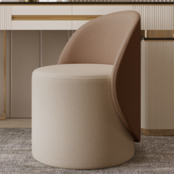 Nordic Leather Rubberwood Cylindrical Vanity Stool — Swivel / Beige + Coffee Color