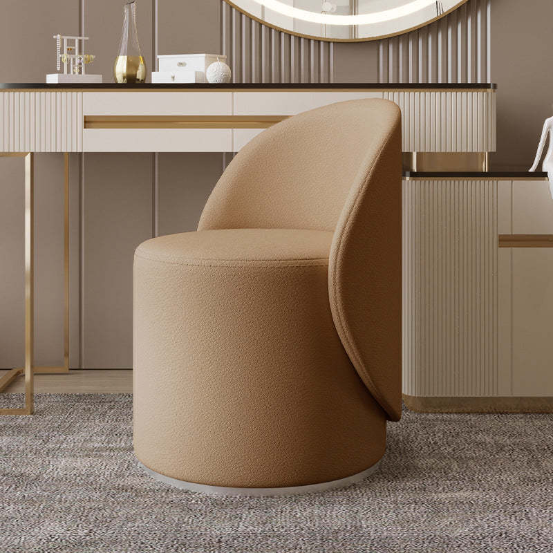 Nordic Leather Rubberwood Cylindrical Vanity Stool — Non-swivel / Khaki
