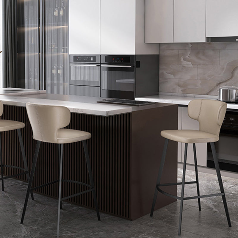Minimalist Leather Steel Curved-Back Bar Stool — Light Gray