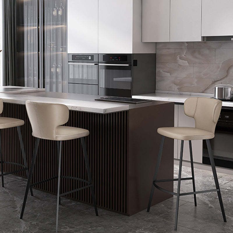 Minimalist Leather Steel Curved-Back Bar Stool — Light Gray