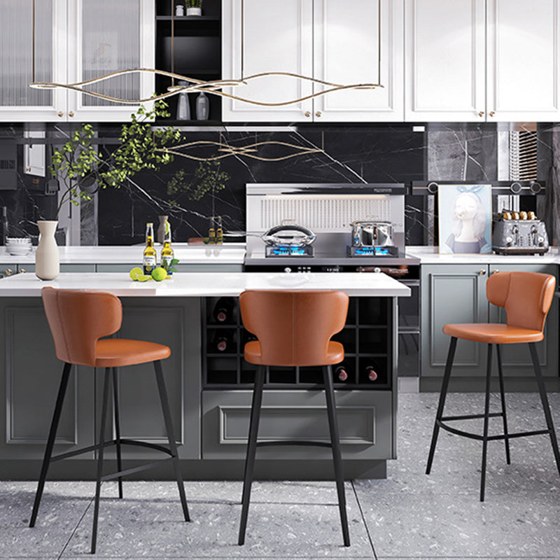 Minimalist Leather Steel Curved-Back Bar Stool — Orange