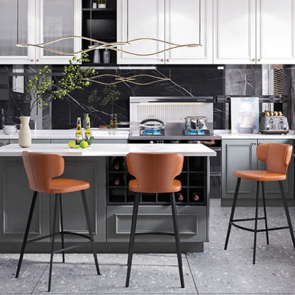 Minimalist Leather Steel Curved-Back Bar Stool — Orange