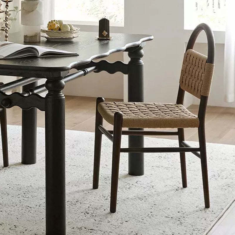 French Woven Rope Wooden Dining Chair — Black