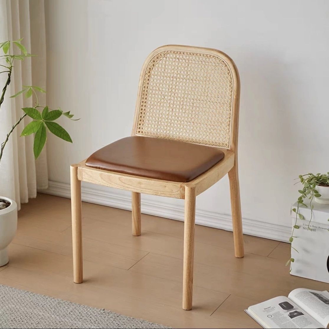 Nordic Wood Leather Square Dining Chair — Walnut Color / Brown