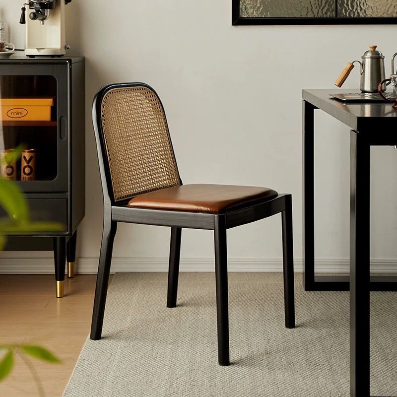 Nordic Wood Leather Square Dining Chair — Original Wood Color / Black