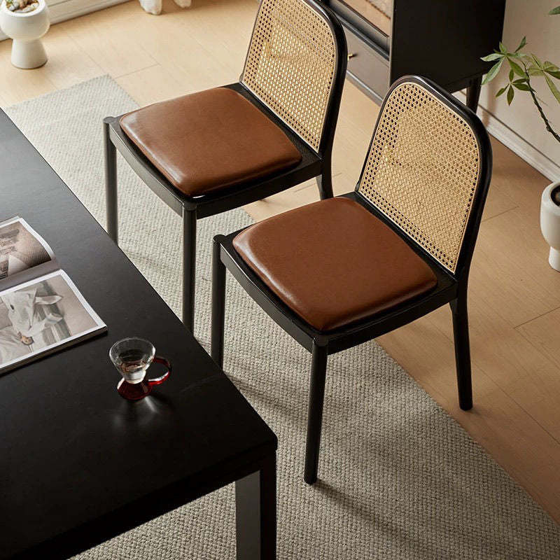 Nordic Wood Leather Square Dining Chair — Original Wood Color / Brown