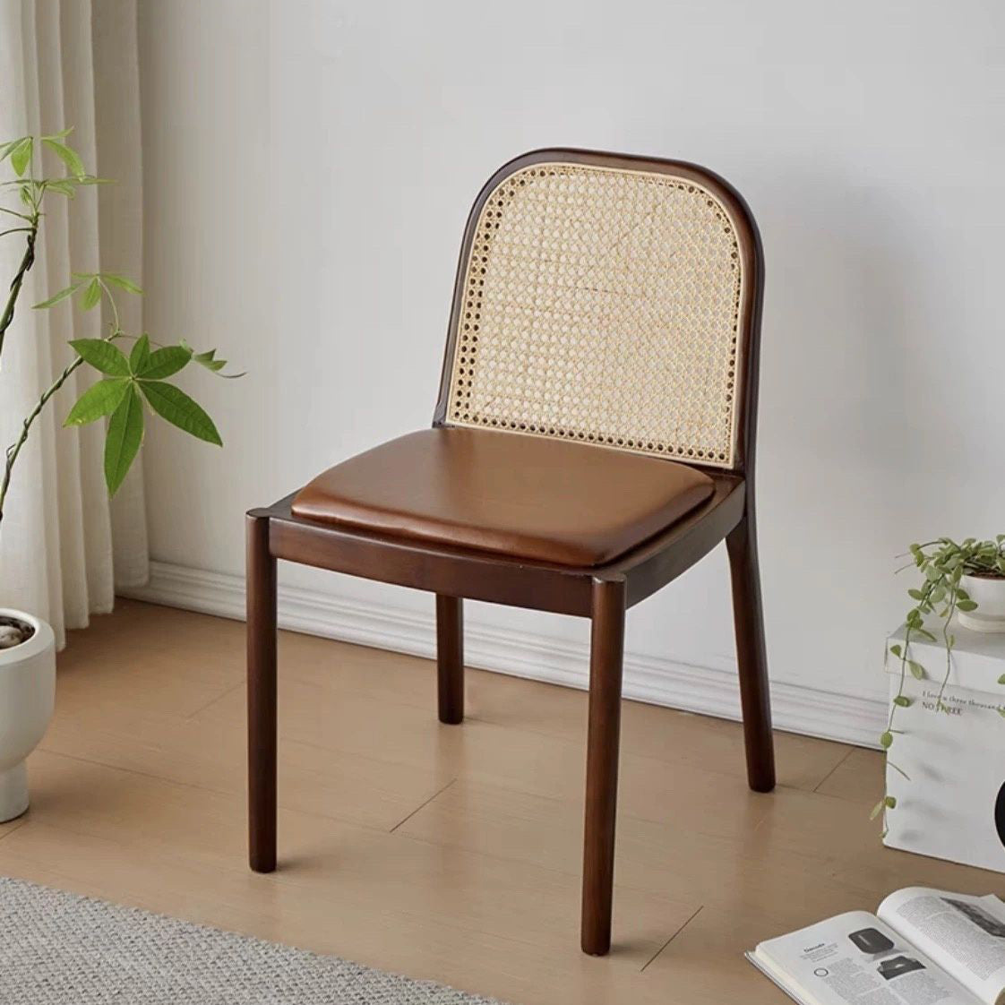 Nordic Wood Leather Square Dining Chair — Black / Brown