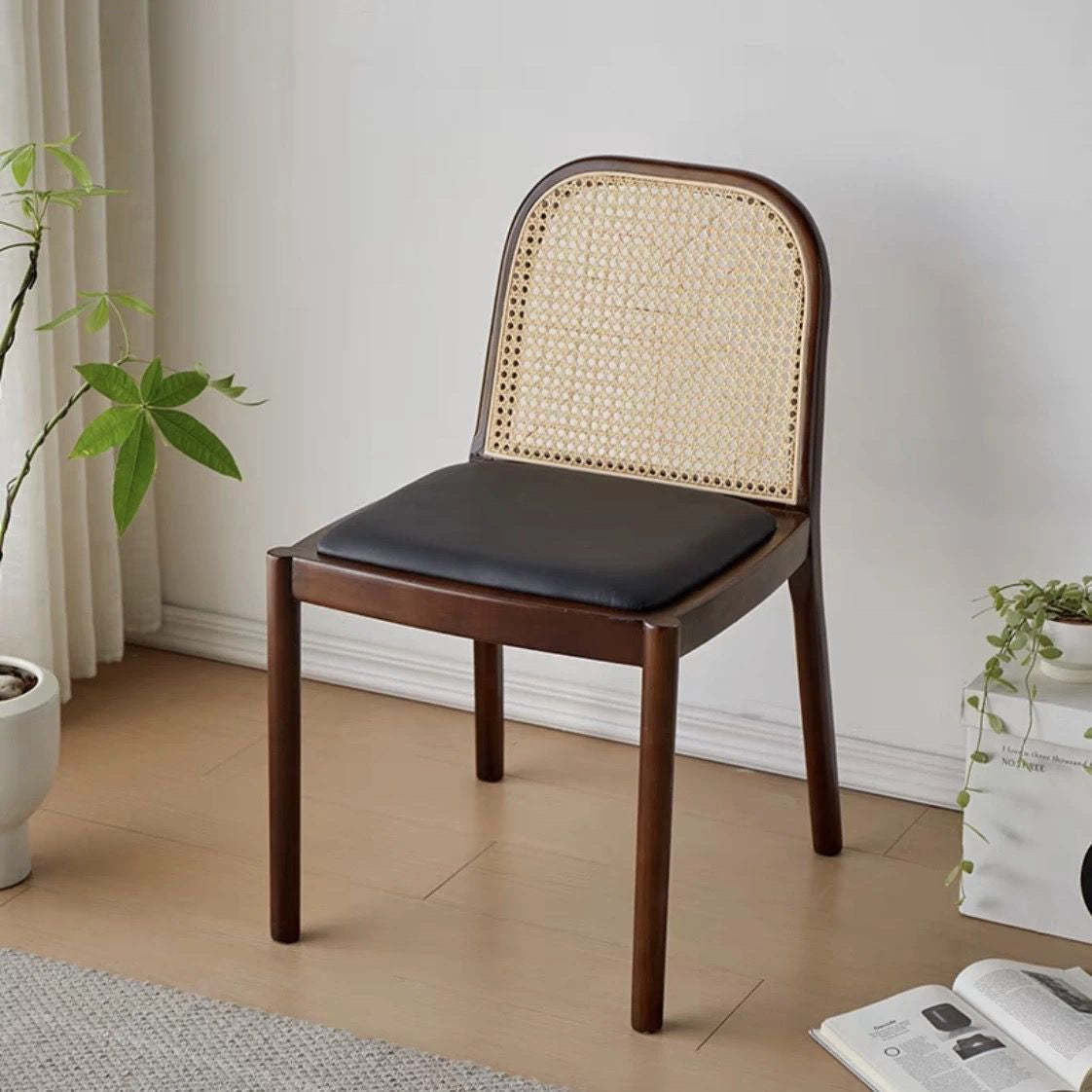 Nordic Wood Leather Square Dining Chair — Cherry Wood Color / Black