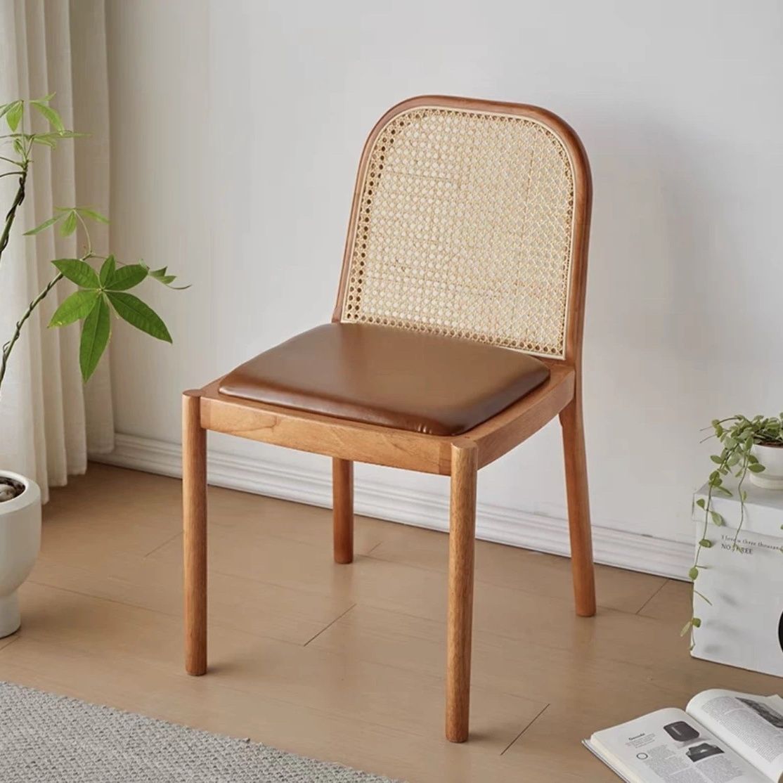 Nordic Wood Leather Square Dining Chair — Black / Black