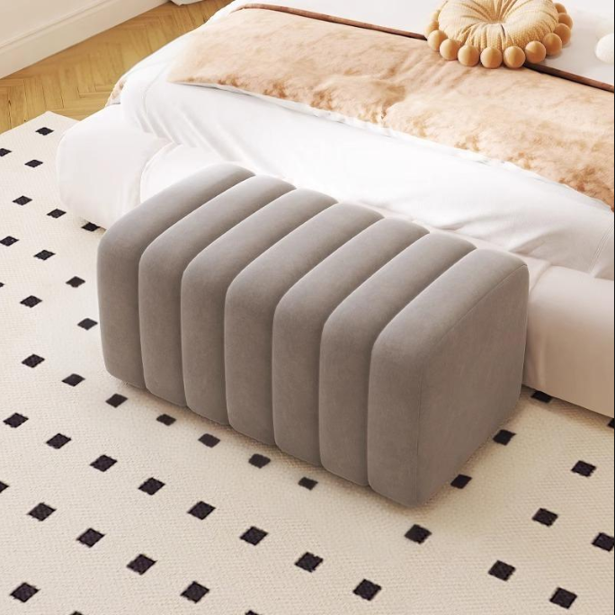 Nordic Wood Velvet Rectangular Bench — Khaki