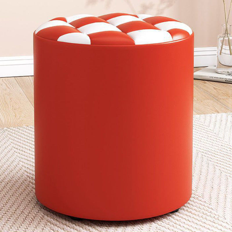 Minimalist Wood Leather Checkerboard Low Stool — Red