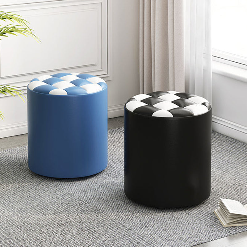 Minimalist Wood Leather Checkerboard Low Stool — Green