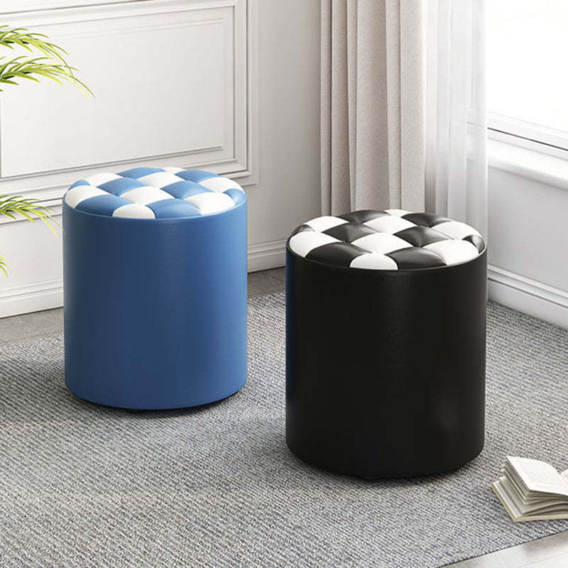 Minimalist Wood Leather Checkerboard Low Stool — Green