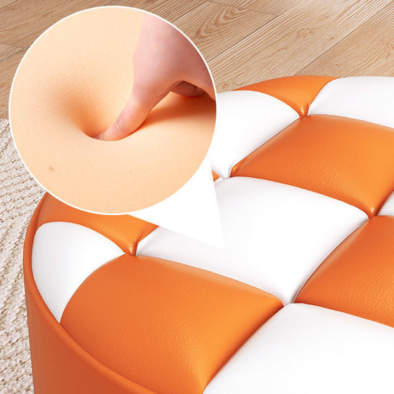 Minimalist Wood Leather Checkerboard Low Stool — Yellow