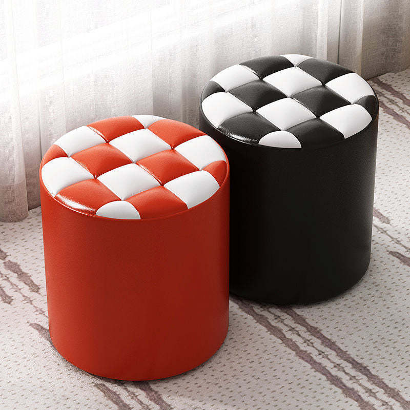 Minimalist Wood Leather Checkerboard Low Stool