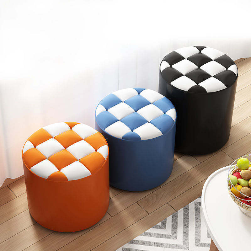 Minimalist Wood Leather Checkerboard Low Stool