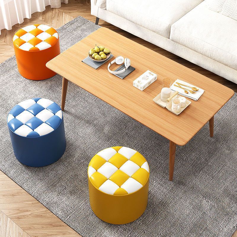 Minimalist Wood Leather Checkerboard Low Stool