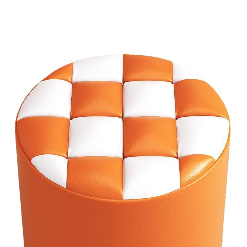 Minimalist Wood Leather Checkerboard Low Stool — Pink