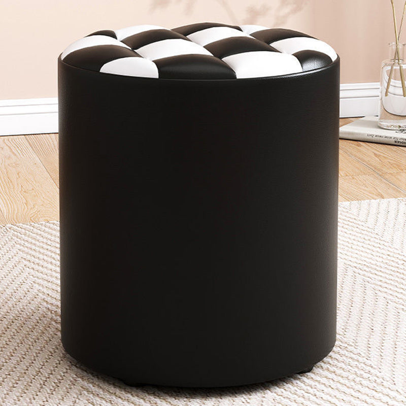 Minimalist Wood Leather Checkerboard Low Stool — Black