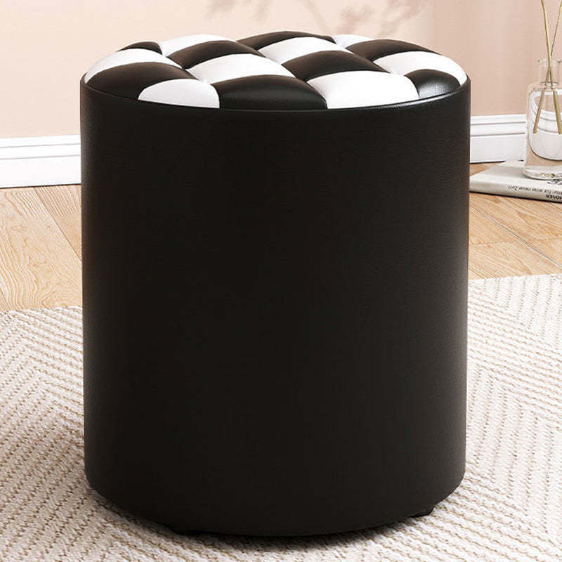 Minimalist Wood Leather Checkerboard Low Stool — Black