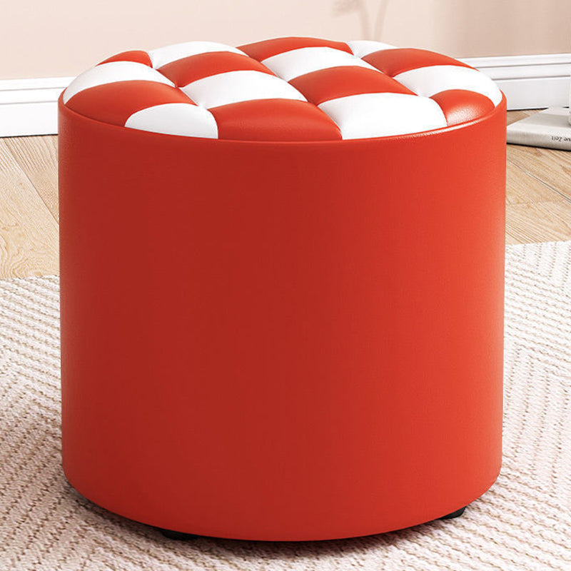 Minimalist Wood Leather Checkerboard Low Stool — Brown