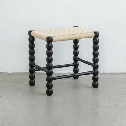 Vintage Rope Wood Rectangular Low Stool