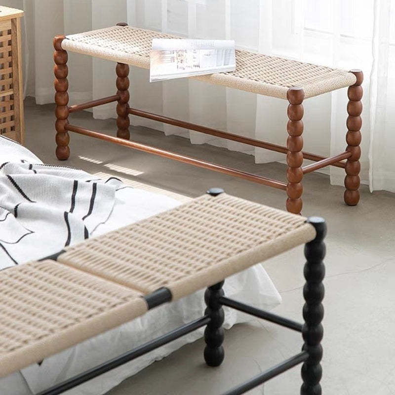 Vintage Rope Wood Rectangular Low Stool — Walnut Color