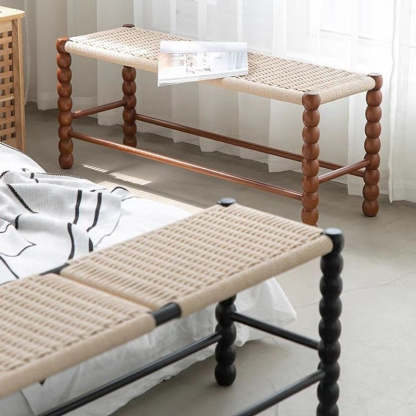 Vintage Rope Wood Rectangular Low Stool — Walnut Color