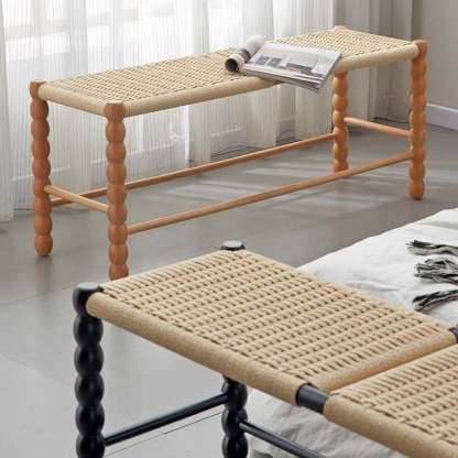 Vintage Rope Wood Rectangular Low Stool — Walnut Color