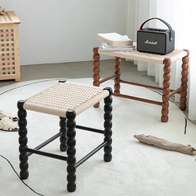 Vintage Rope Wood Rectangular Low Stool — Black