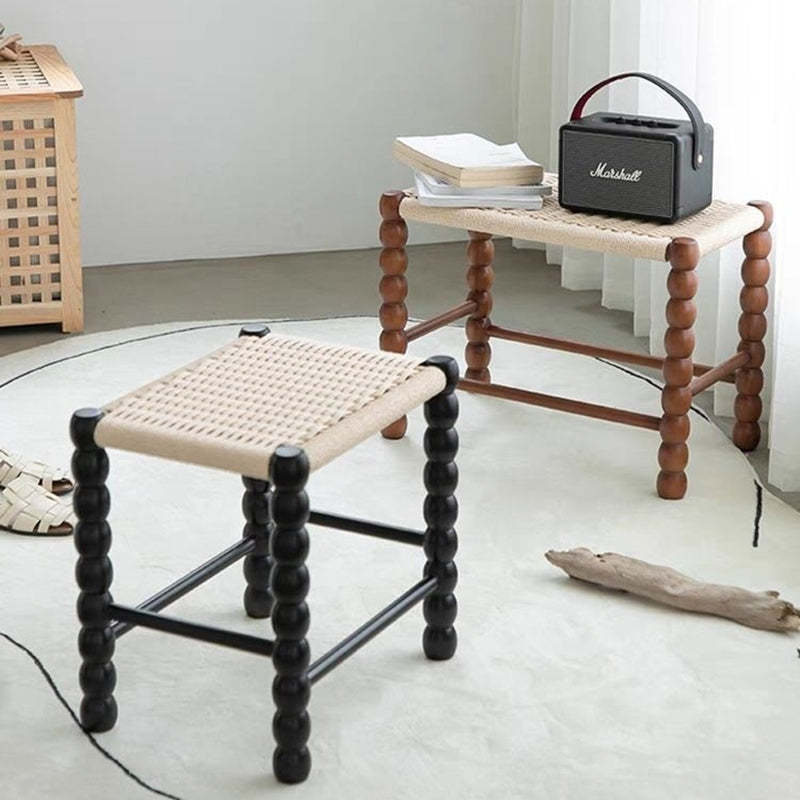 Vintage Rope Wood Rectangular Low Stool — Black